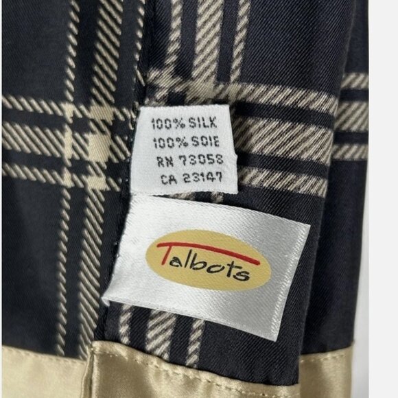 Vintage Talbots 100% Silk Black Gold Plaid Long Rectangle Scarf 60" x 10" - Picture 3 of 3